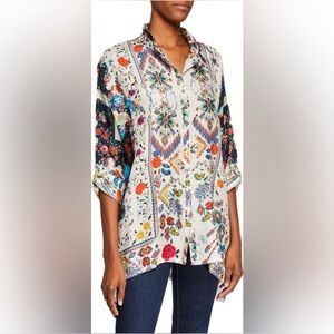 Johnny Was Miya 100% Silk Boho Floral Oversized Button Down Front Blouse Small